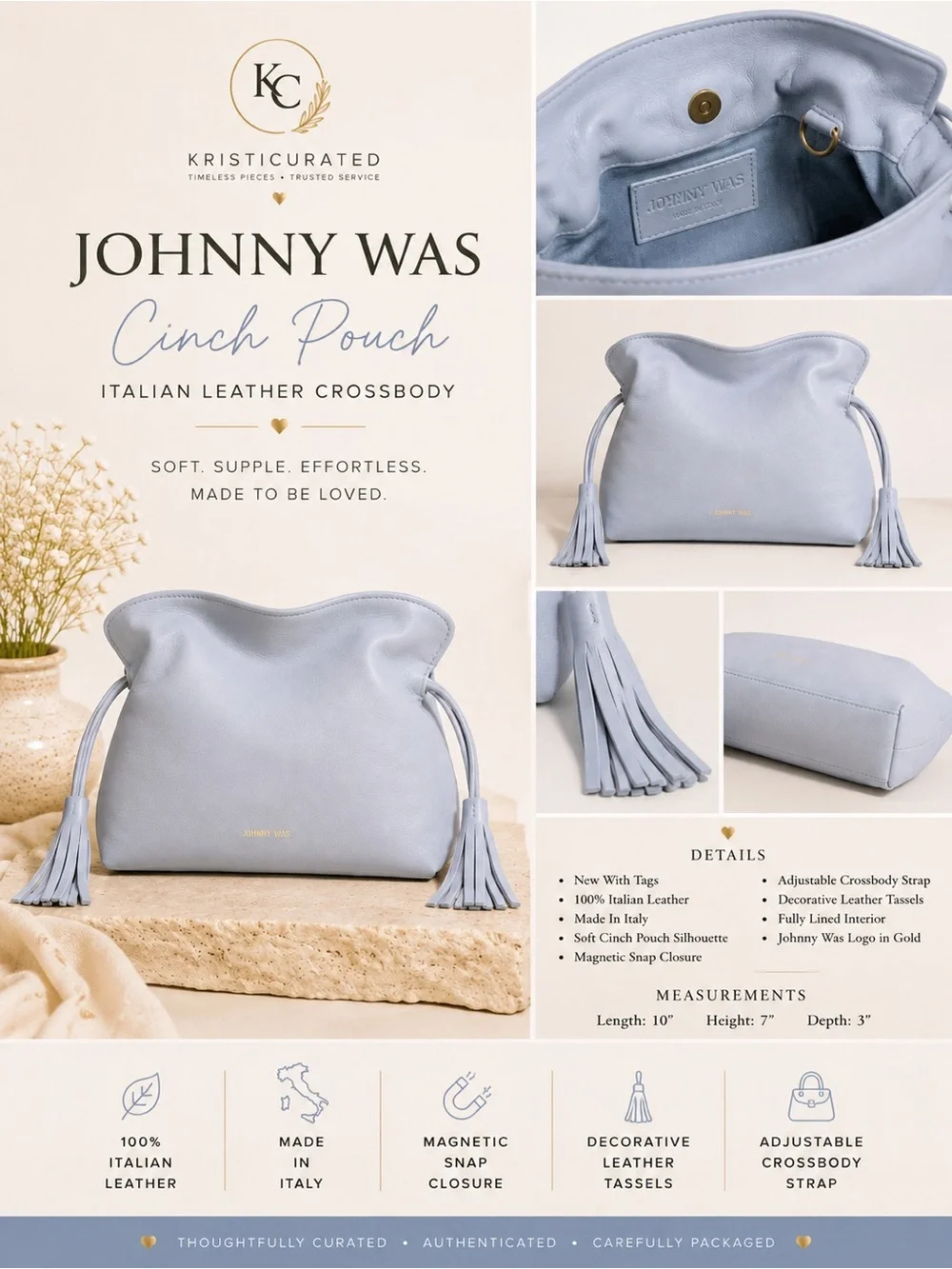 ⸻  Johnny Was Cinch Pouch Italian Leather Crossbody Bag Blue NWT Made in Italy